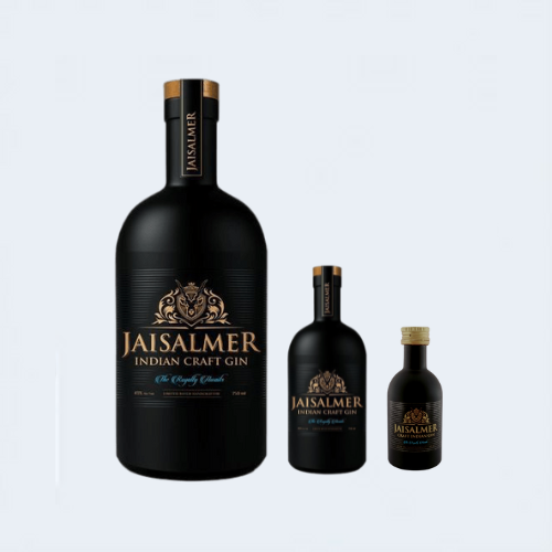 <h4>Jaisalmer Indian Craft Gin</h4>
                                    <div class='border-bottom my-3'></div> 
                                    <table id='alt-table' cellpadding='3' cellspacing='1' border='1' align='center' width='80%'>
                                        <thead id='head-dark'><tr><th>Quantity</th><th>Price/Unit</th></tr></thead>
                                        <tr><td>750ml</td><td class='price'>₹4000</td></tr>
                                        <tr><td>180ml</td><td class='price'>₹980</td></tr>
                                        <tr><td>60ml</td><td class='price'>₹340</td></tr>
                                    </table>
                                    <b class='text-start'>Description :</b>
                                            <p class='text-justify mt-2'>Jaisalmer Indian Craft Gin is dressed in a beautiful royal black packaging with just-enough touches of muted gold. Coveted in a robust and stout bottle, it's look spells ultimate luxury and pure regalia. And in contrast, it upholds an equally colourful history, the tapestry of which invites you to unravel it.</p>